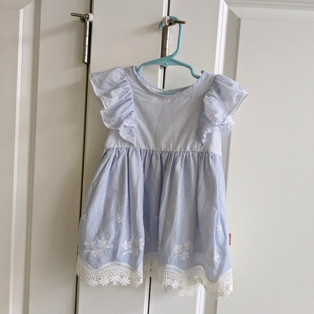 BCBG Girls Embroidered Striped Dress 3T Flutter Sleeve Fit Flare Lined Sundress